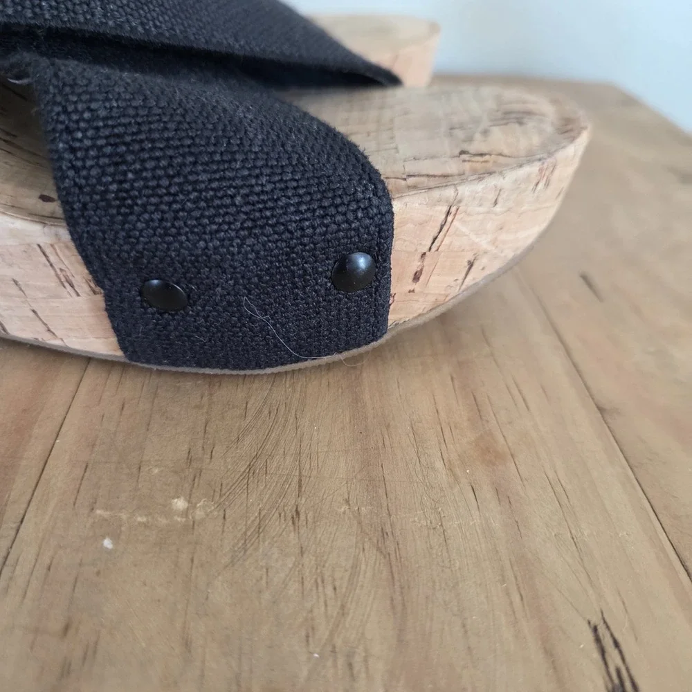 Lucky Brand Valmai Platform Wedge Cork Sandal Black Linen Thick Strap Sz‎ 8.5